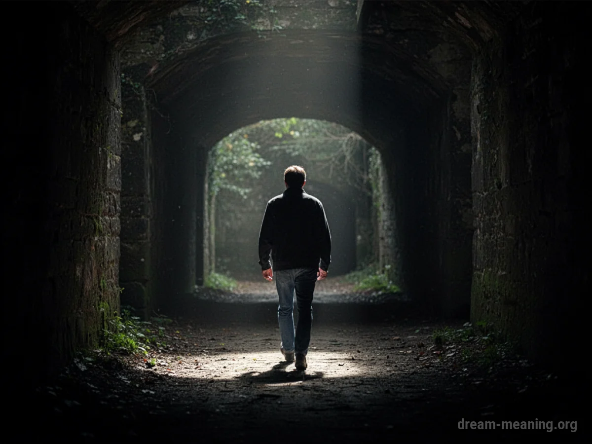 A silhouette of a person walking away from a shadowy area into a lighter space.