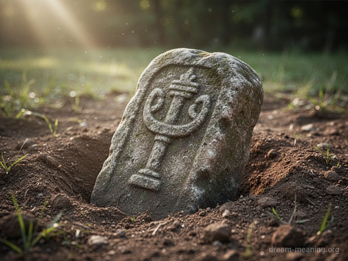 A stone artifact partially covered by soil, with sunlight shining on it.