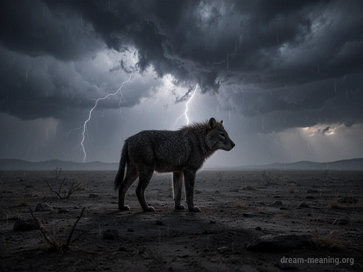 Silhouette of an animal in a barren landscape with dark clouds.