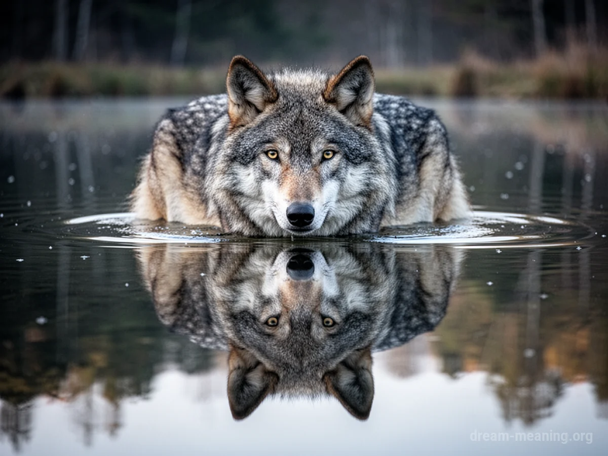 A wolf's reflection visible in still water.