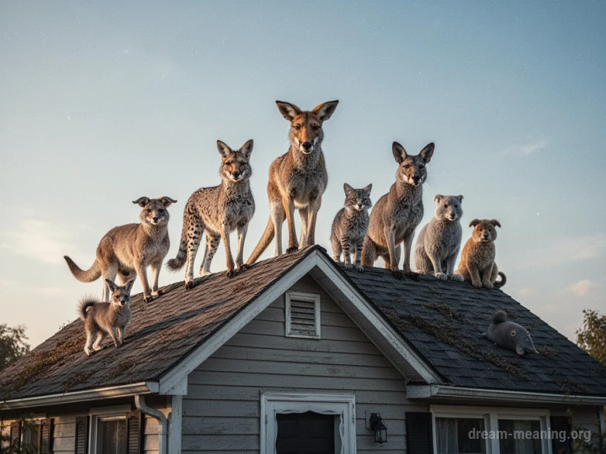 Various animals standing on a house roof.