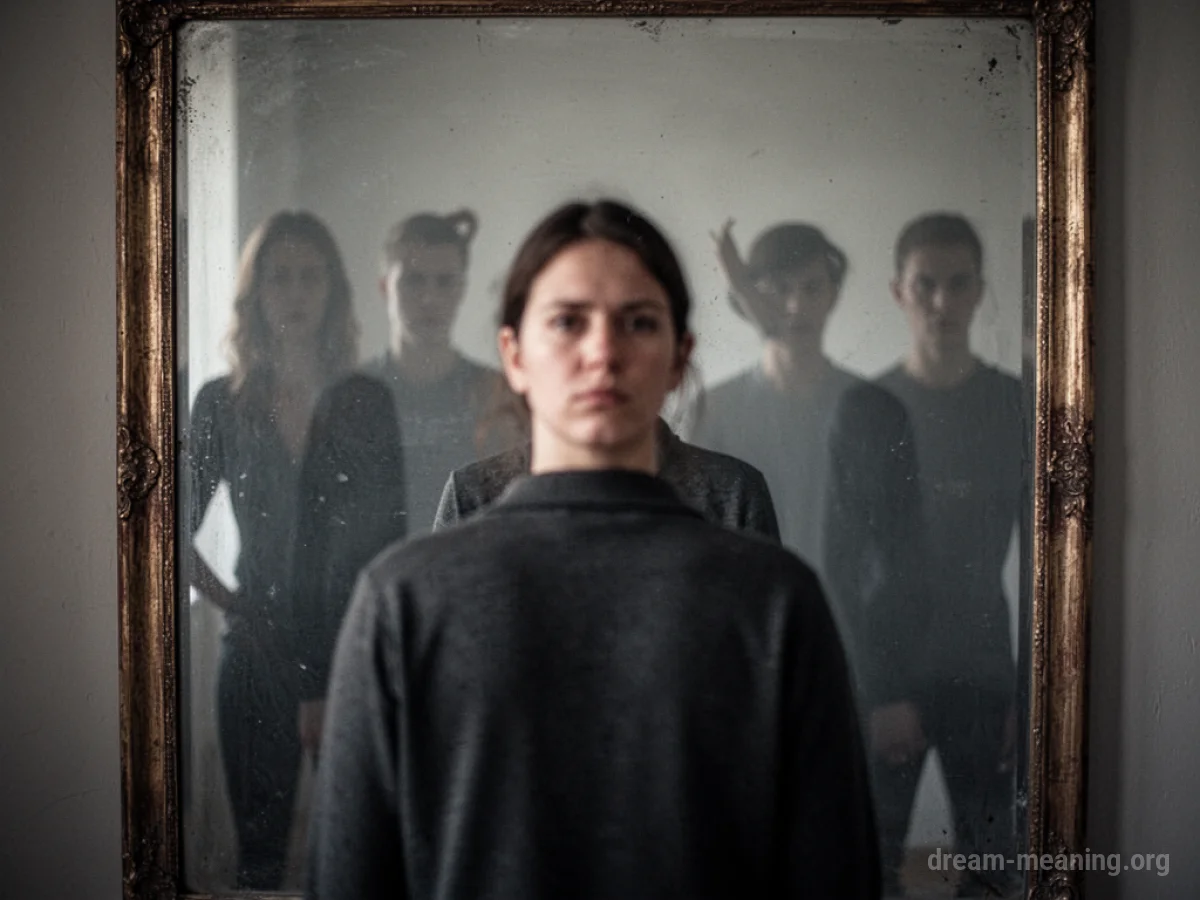 Person's reflection in a mirror is indistinct, with shadowy figures behind them.