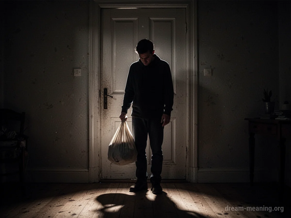 Silhouette of a person with a bag in a dimly lit doorway.