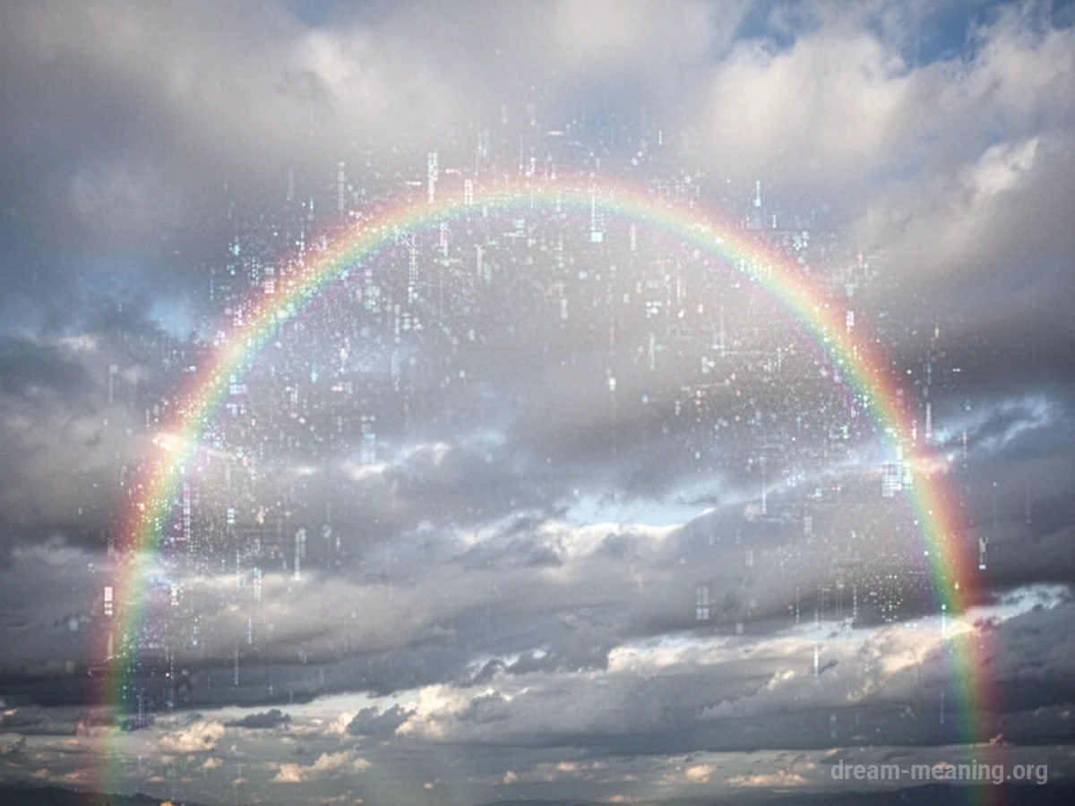 A digital or projected rainbow arc against a muted sky.