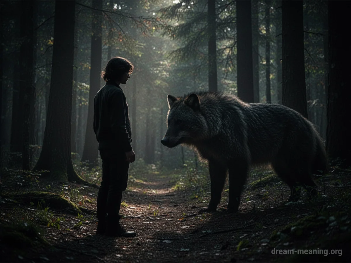 Silhouette of a person standing defensively before a looming animal shape in a dark, abstract forest.