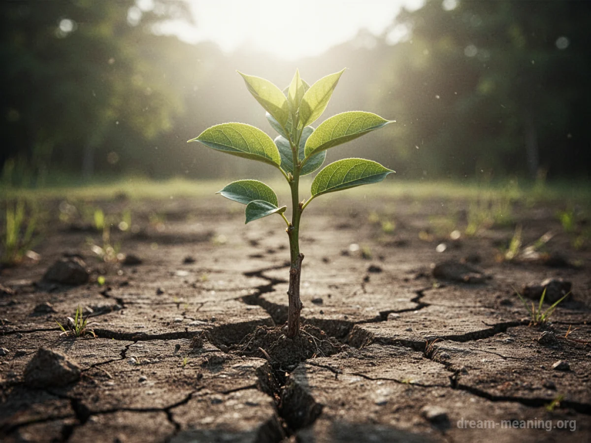 A small green sapling growing out of dry, cracked ground, reaching upwards.