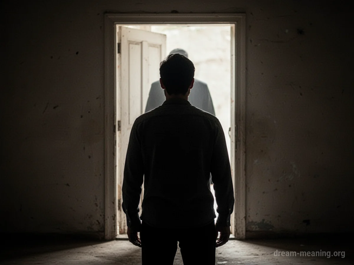 Silhouette of a person facing a bright opening, with a darker shape receding behind them.