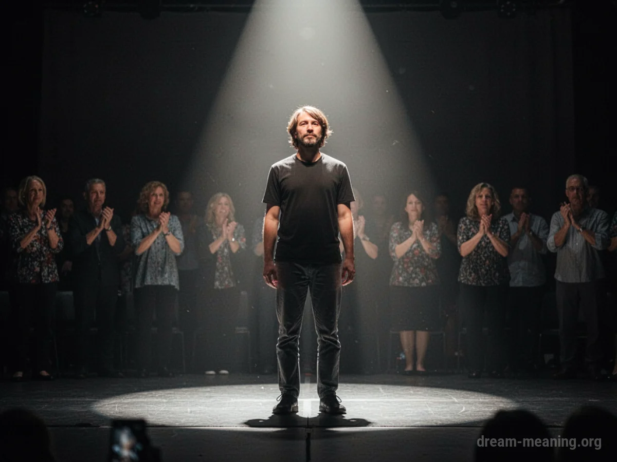A person illuminated by a spotlight on a stage with an audience visible.