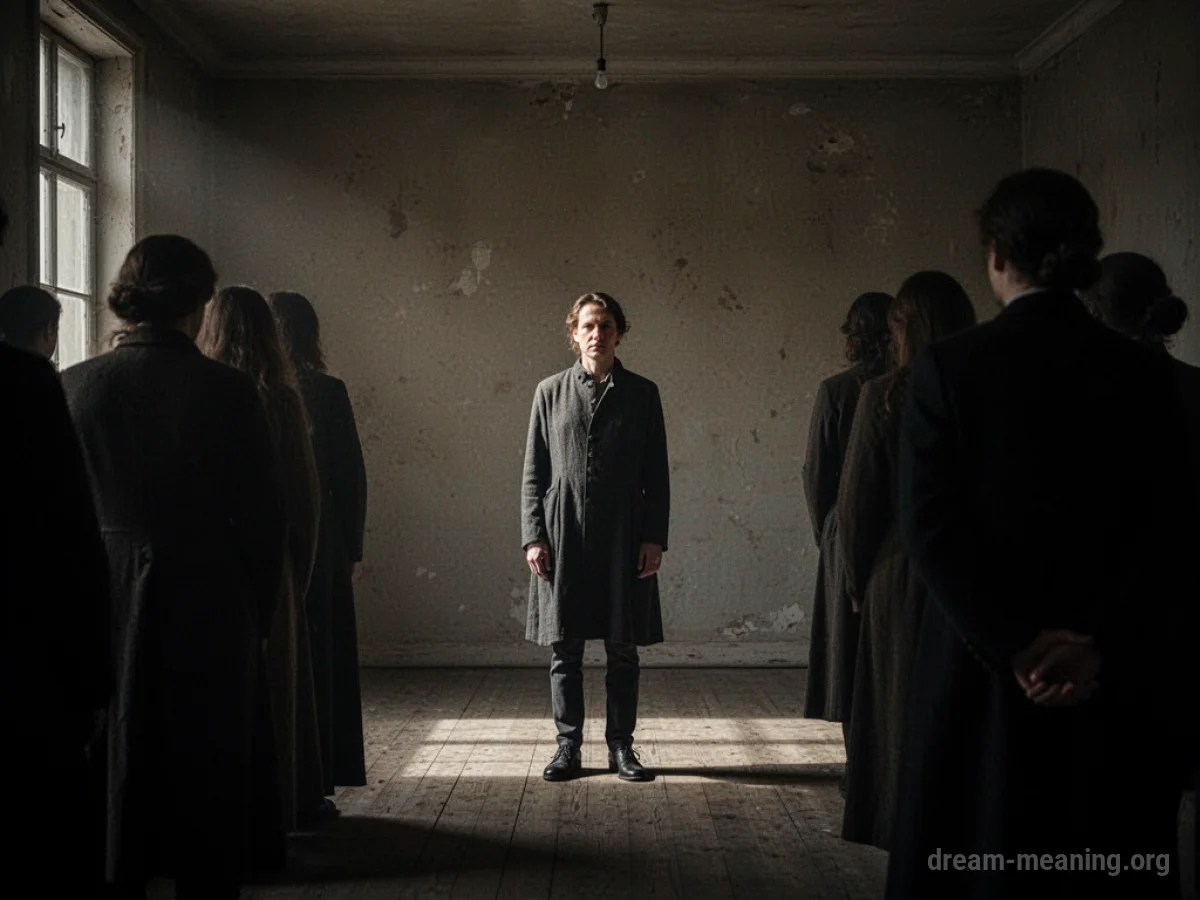 A person standing alone in a dark room with blurred figures facing away.