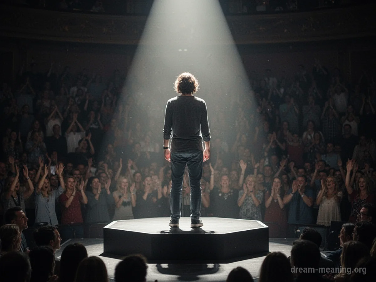 A person illuminated on a stage with an audience watching.