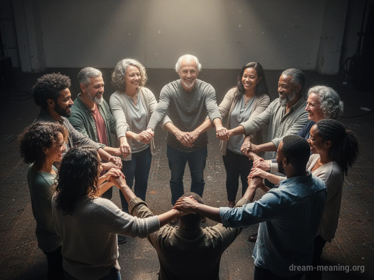People standing in a circle holding hands under a soft light.