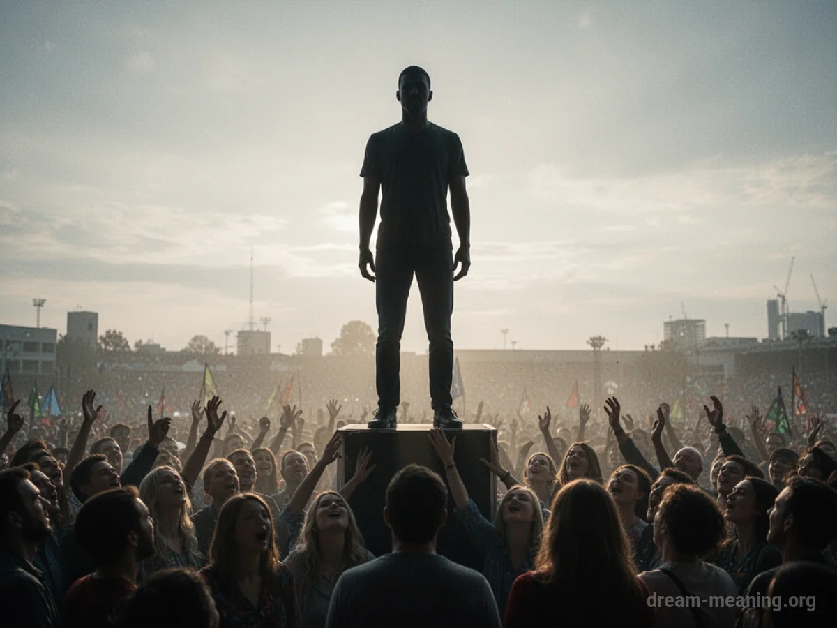 Silhouette of a person on a platform with an audience below.