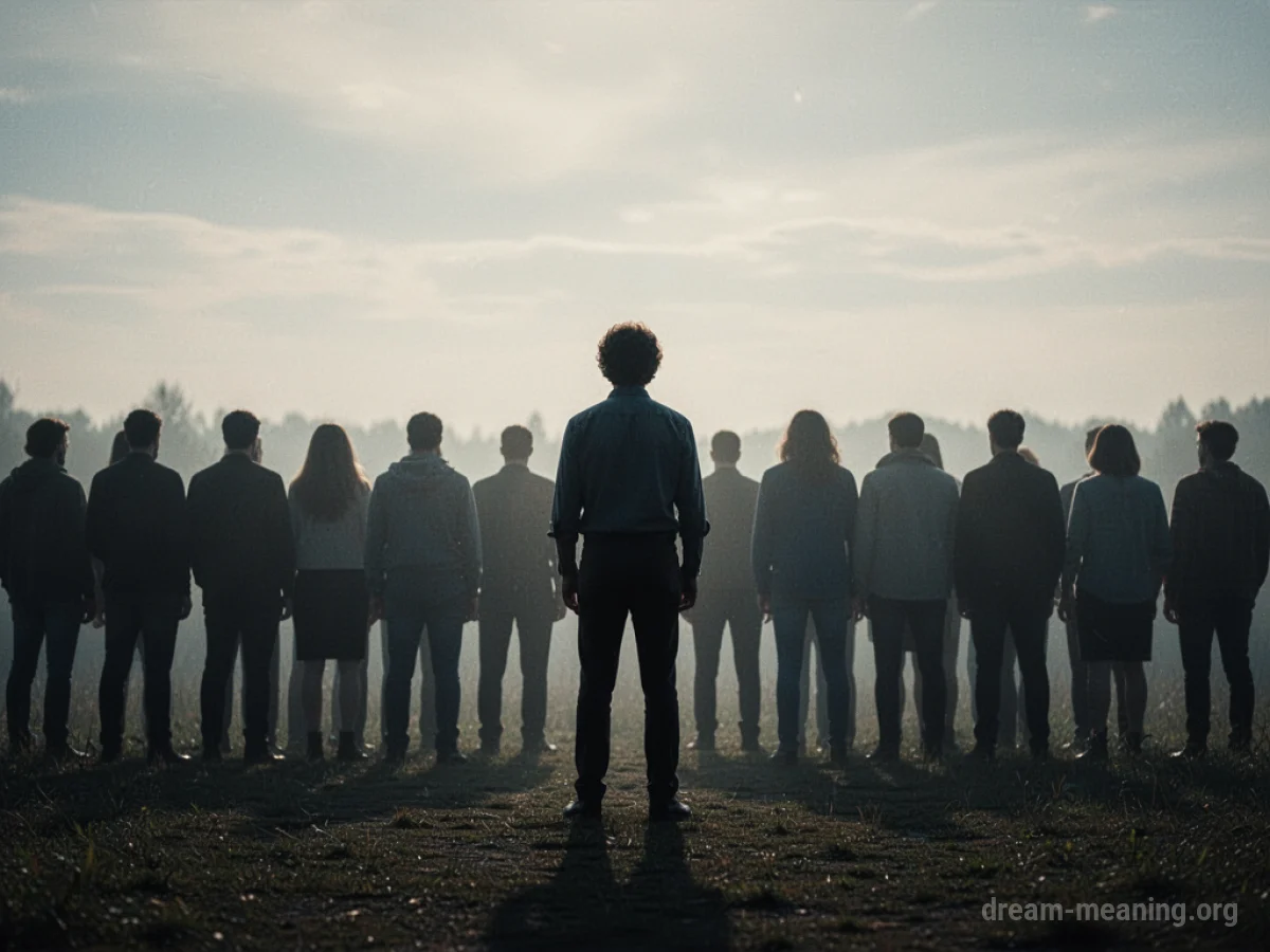 A solitary figure separate from a group of silhouetted people.