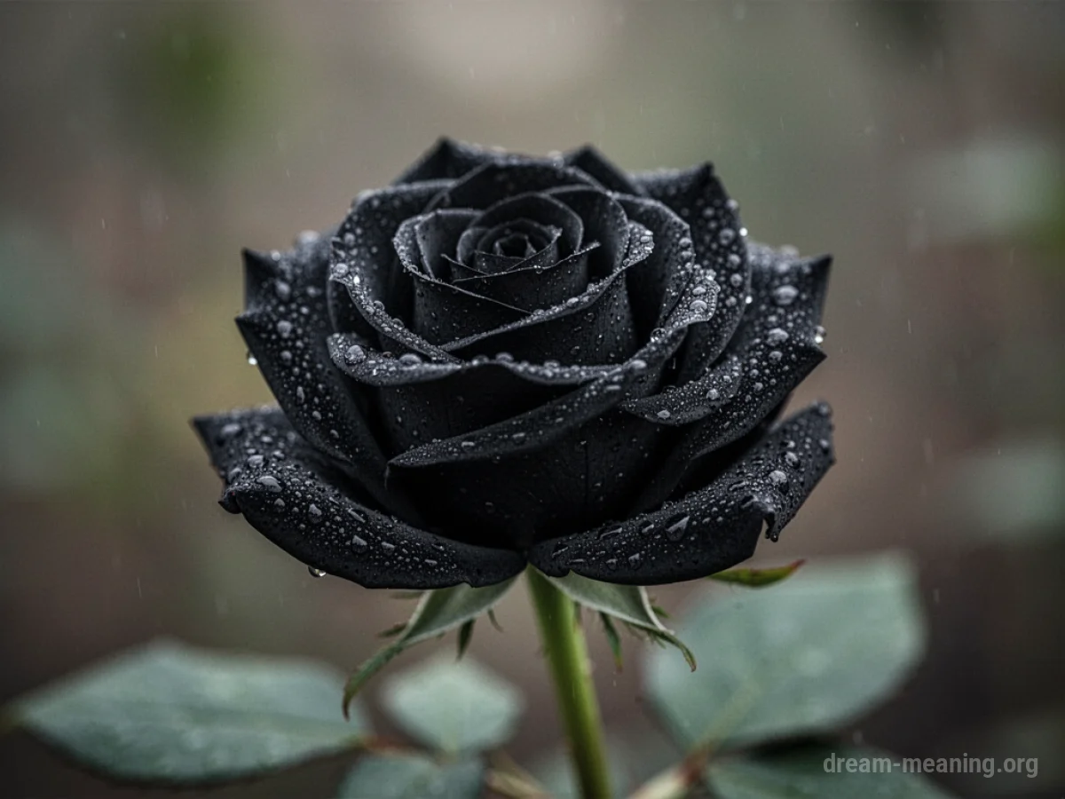 A solitary black rose with water droplets on its petals.