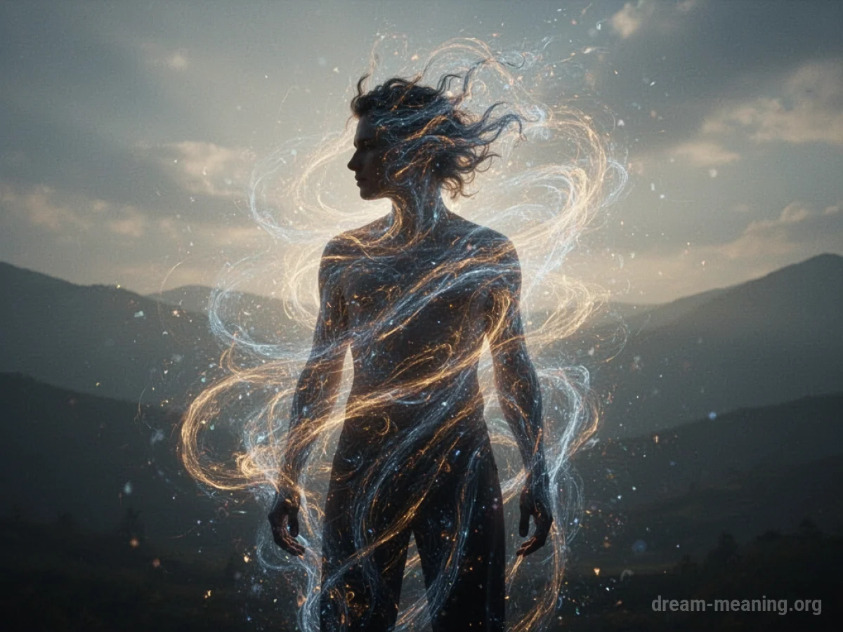 A person's silhouette dissolving and reforming with light.