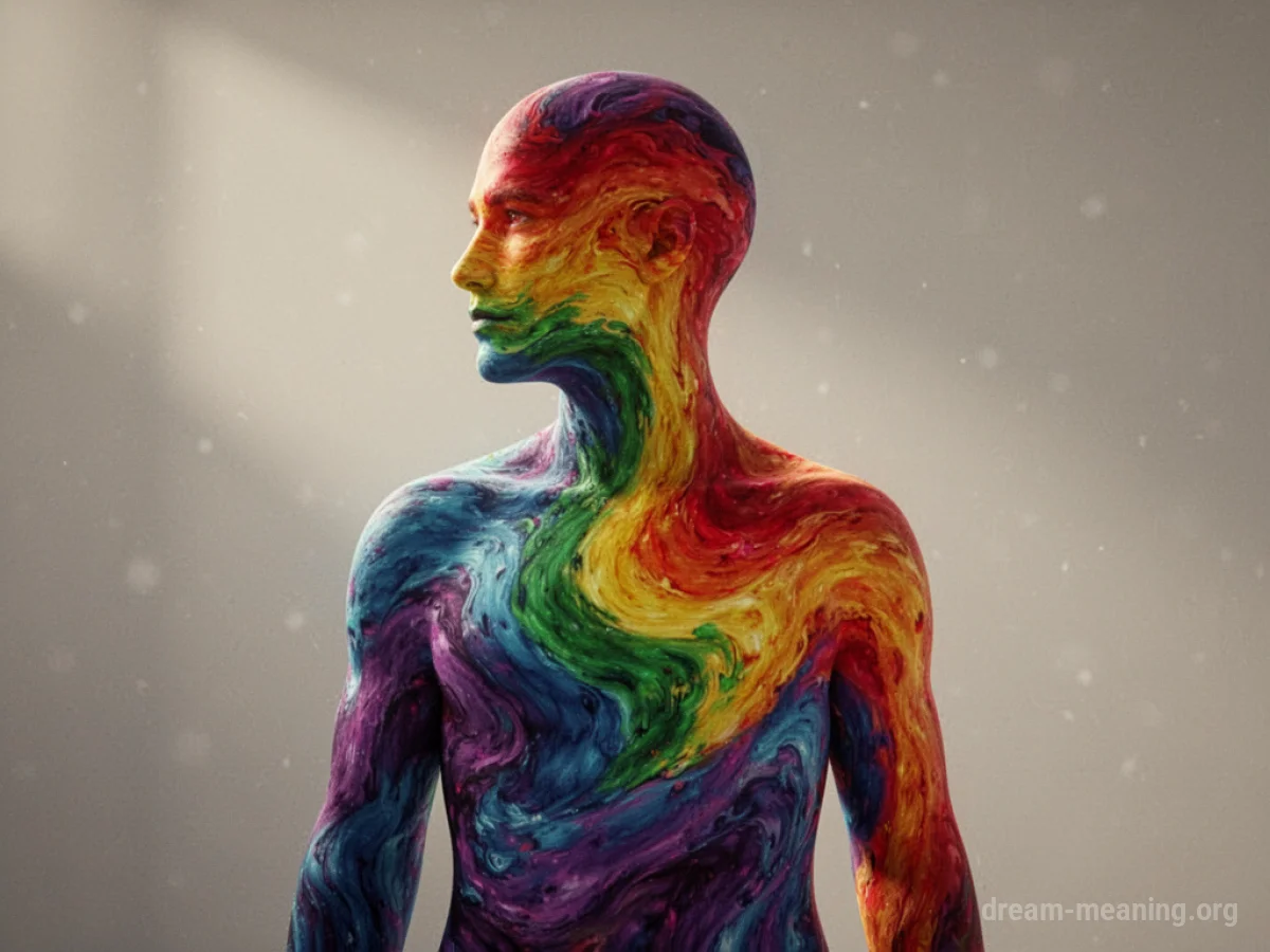 A human figure composed of swirling rainbow colors.