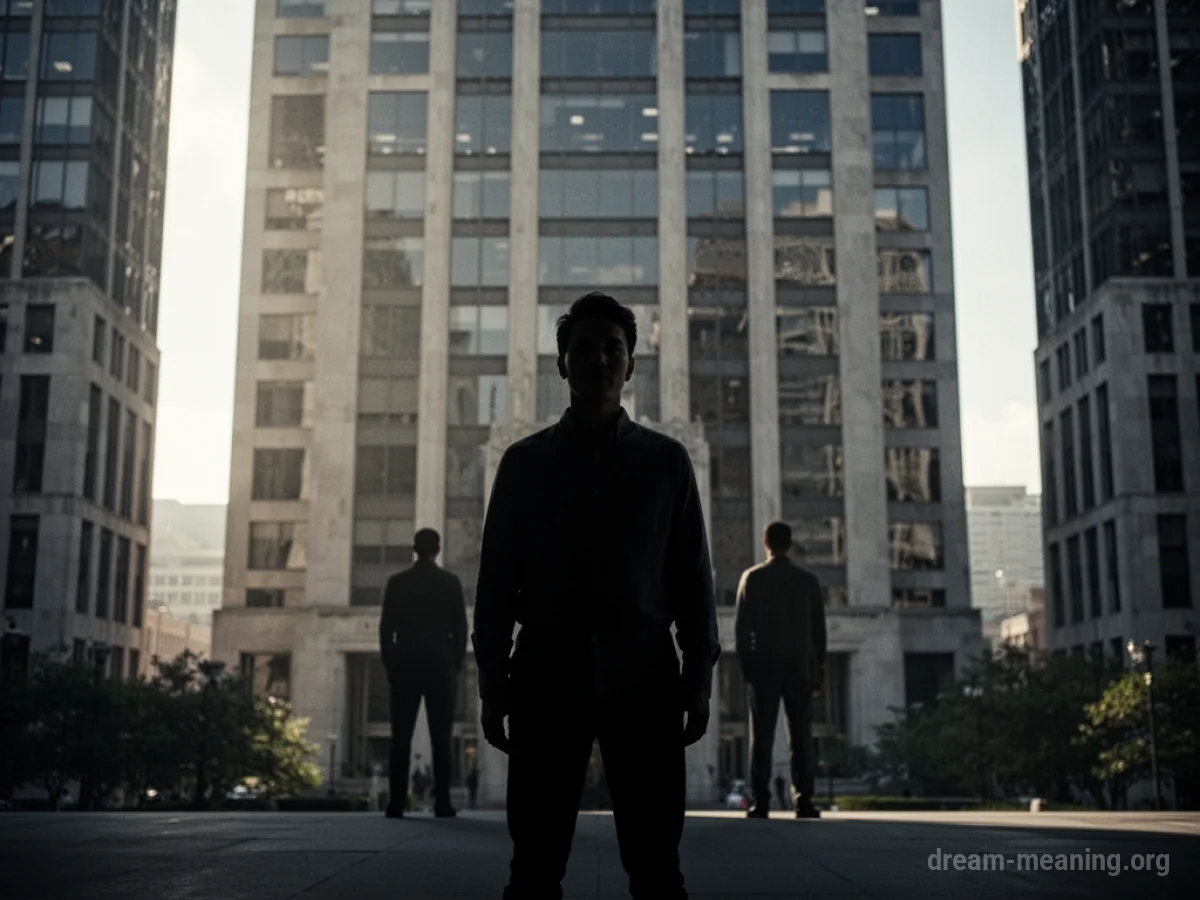 Silhouette of a person facing a large building with a smaller shadow behind them.