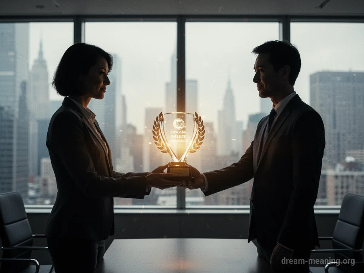 Silhouette of one person handing a glowing award to another.