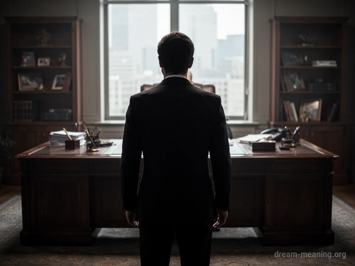 Silhouette of a person facing away from a large desk in a dark office.