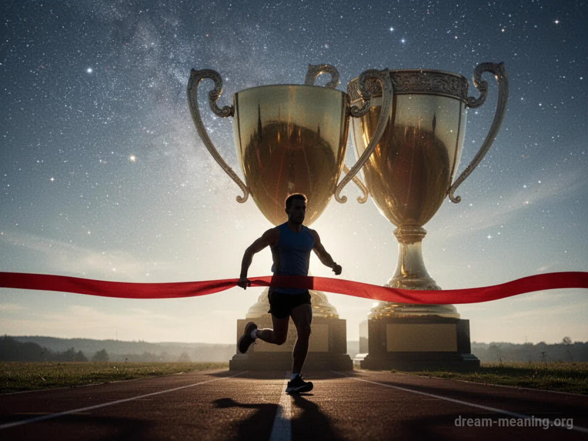 Silhouette of a runner crossing a finish line with a trophy in the background.