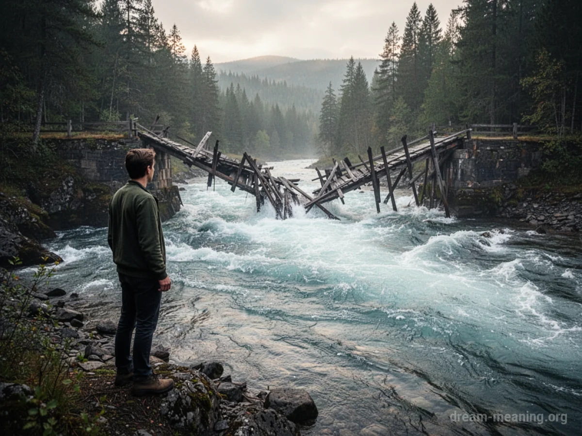 A person looking across a river at a damaged bridge.