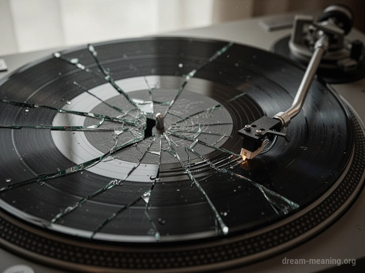 A close-up of a cracked vinyl record with a needle caught in a groove.