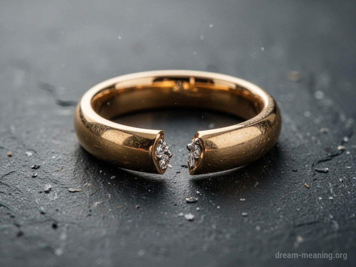 A broken gold ring on a dark surface.