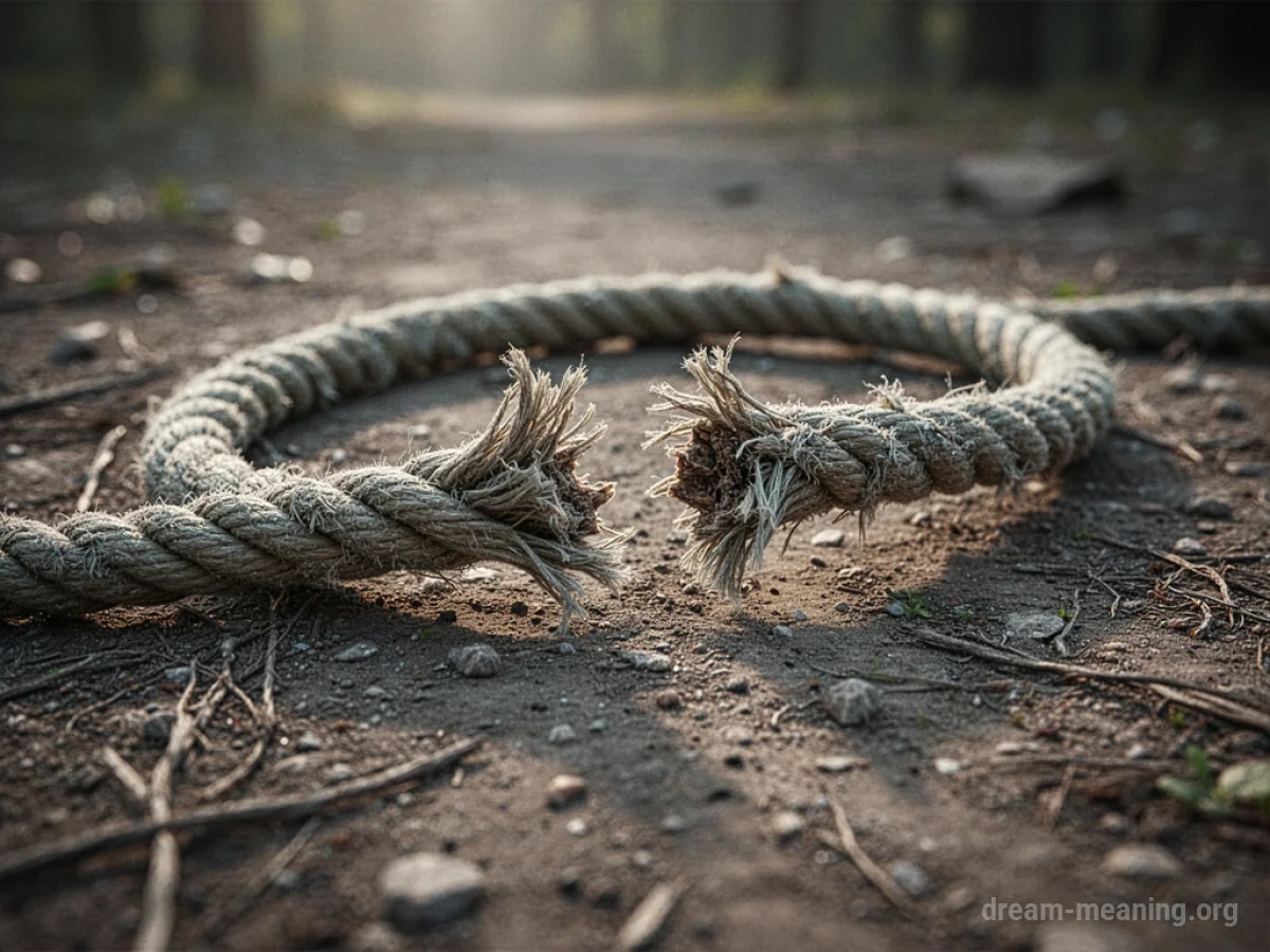 A frayed rope broken into two pieces on a neutral surface.