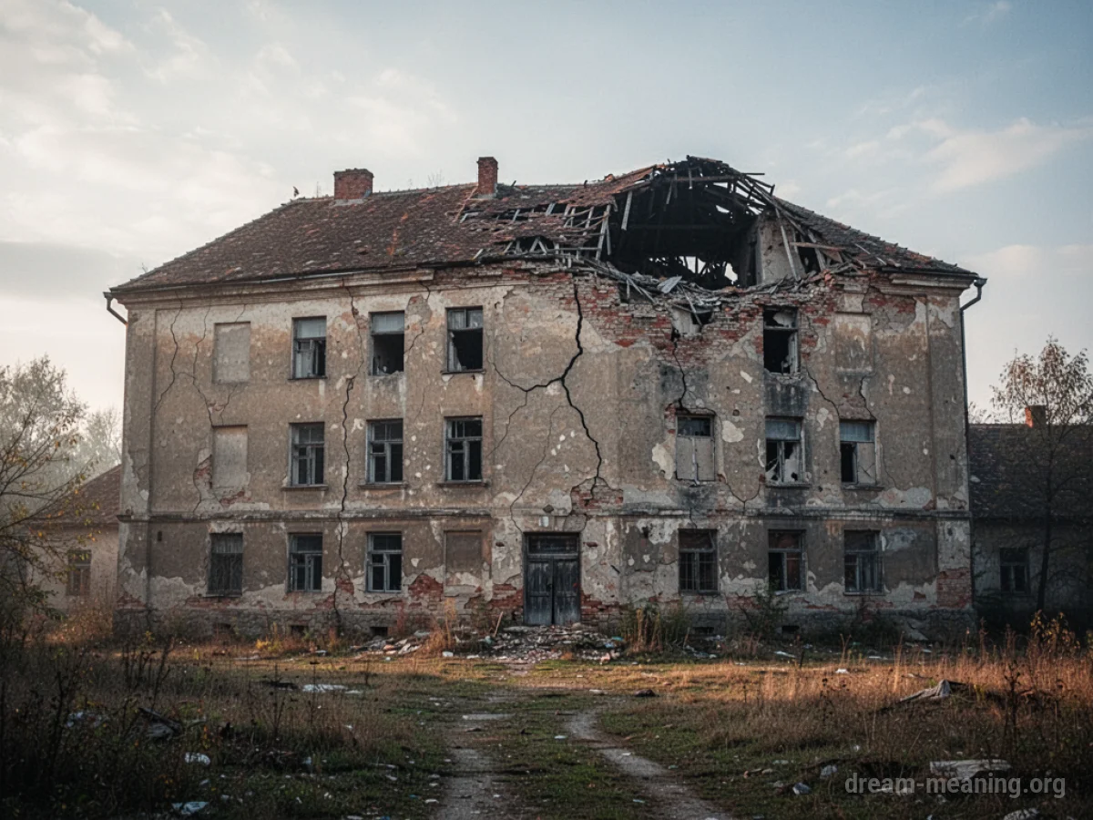 An old building showing structural damage with a partial roof collapse.