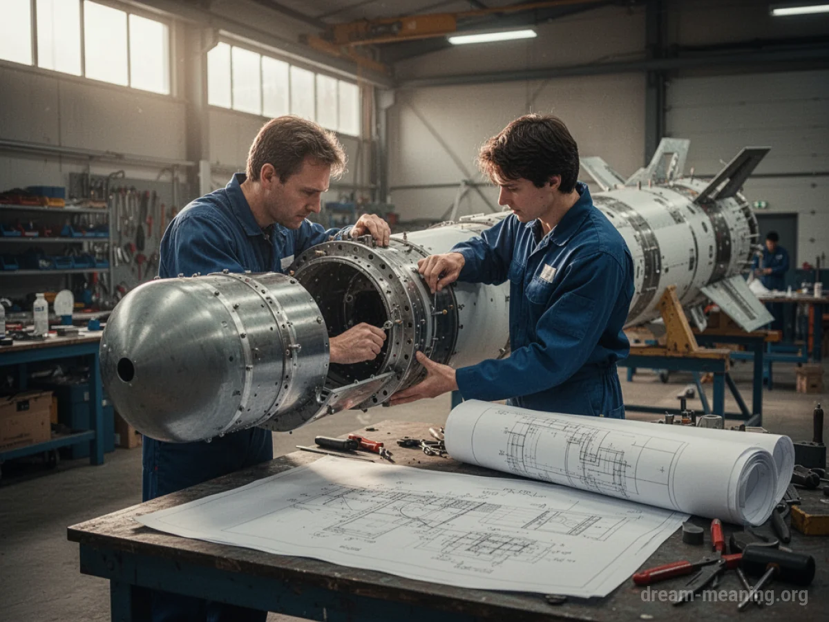 A person working on assembling a large rocket in a workshop.