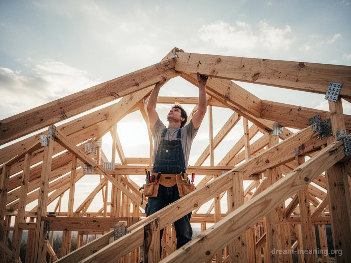 A person adding a beam to a wooden roof under construction.