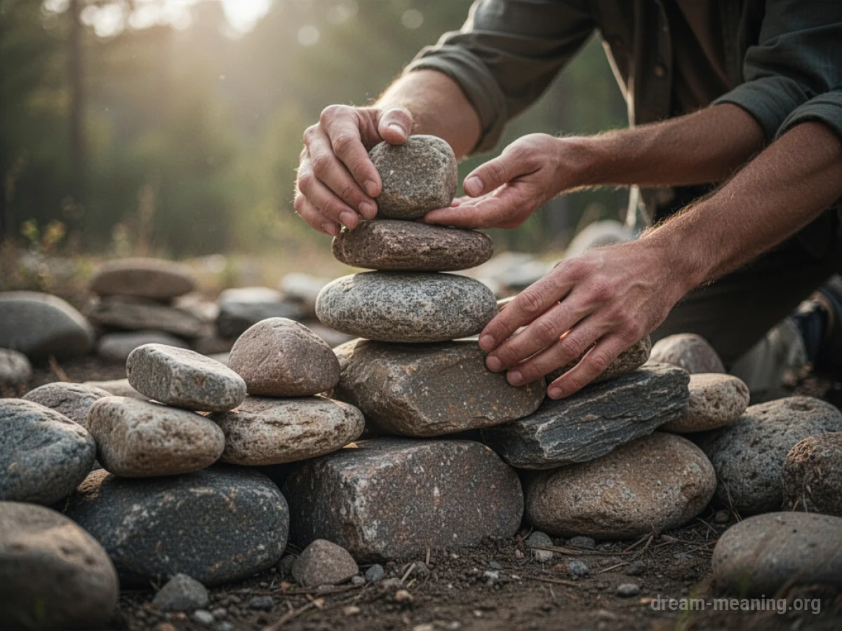 Hands stacking stones to build a structure.