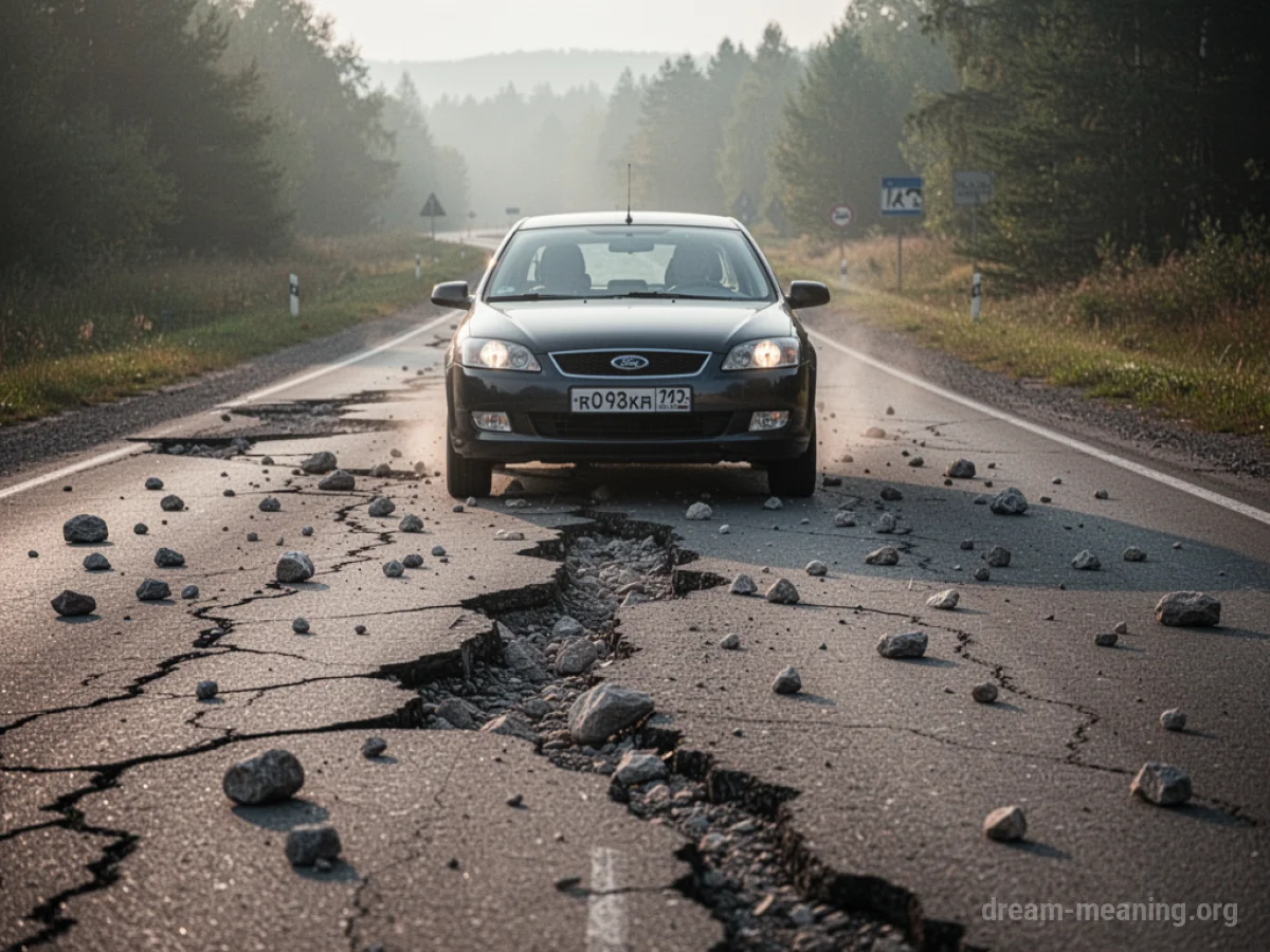 A car's tires on a cracked and uneven road surface.