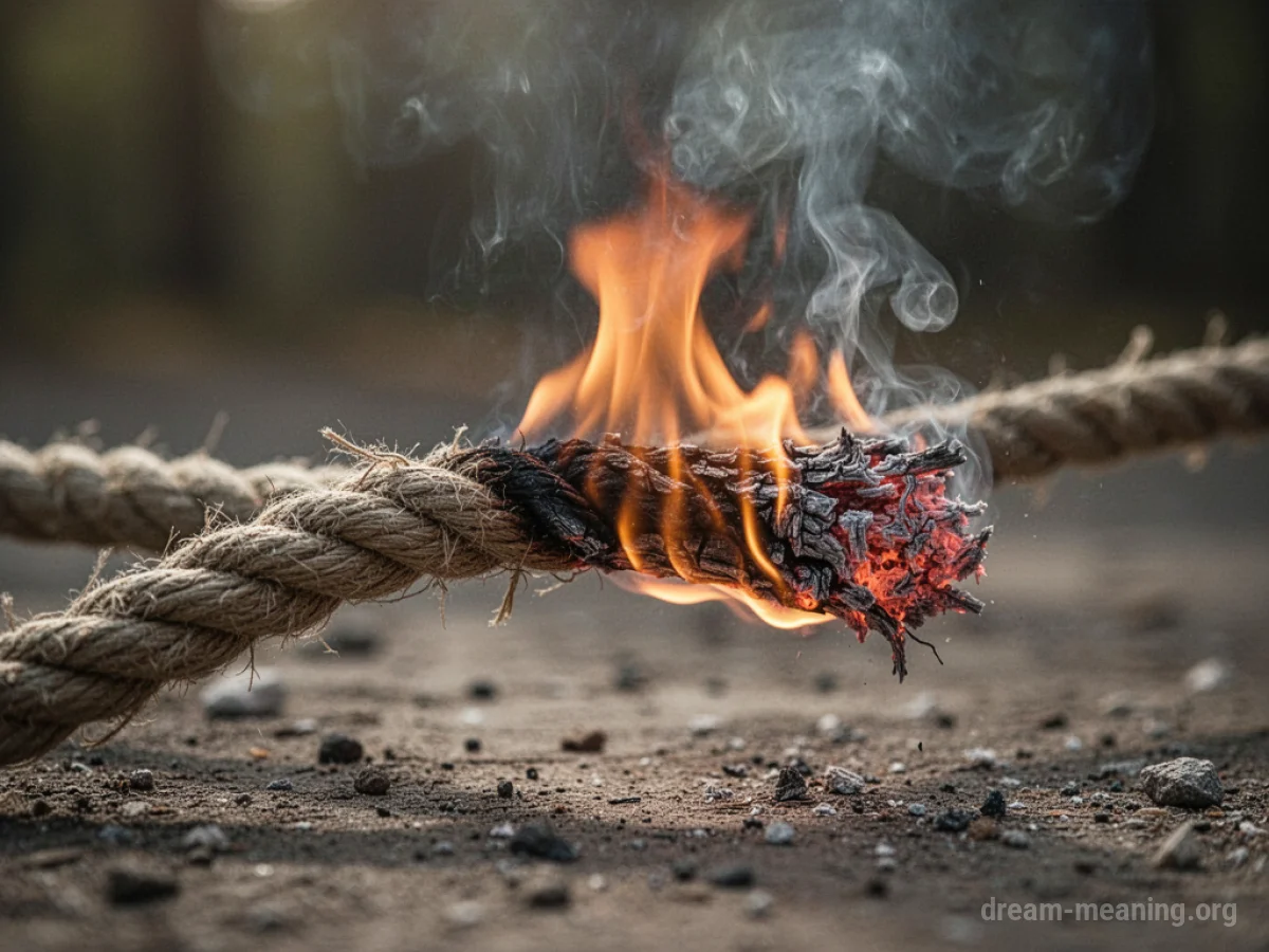 A rope is actively burning, with visible flames and smoke.