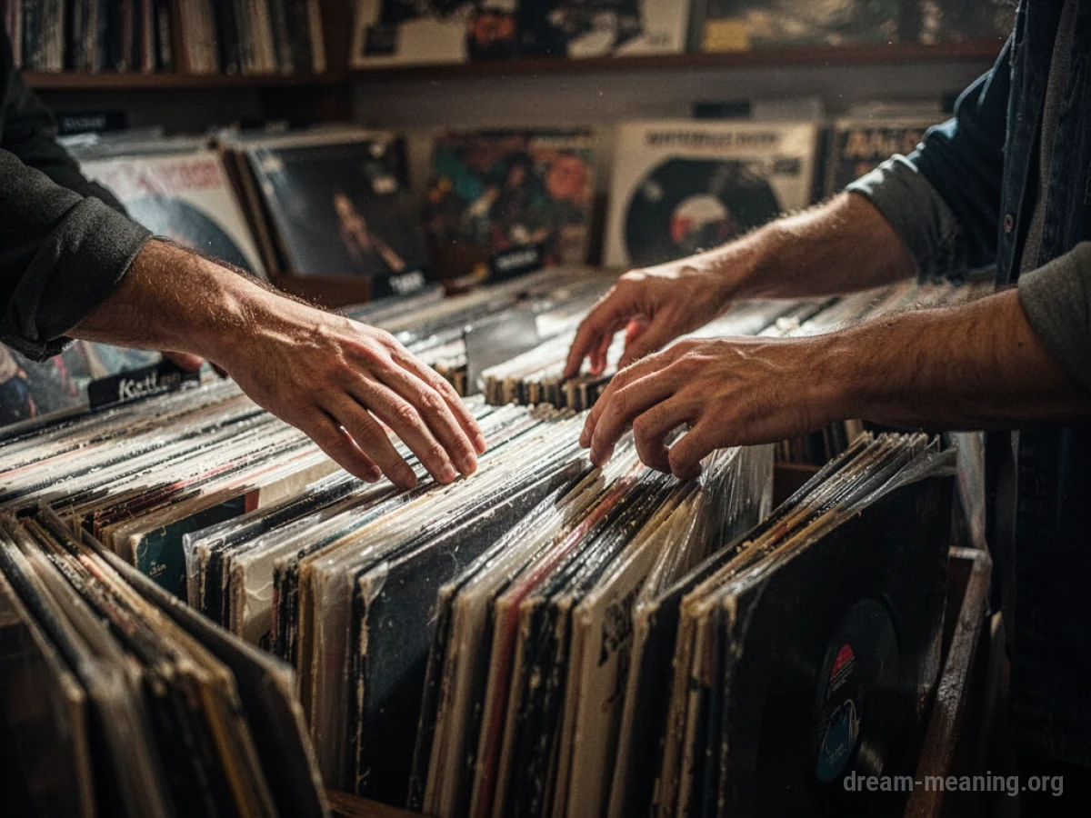 Hands reaching for multiple vinyl records in a store.