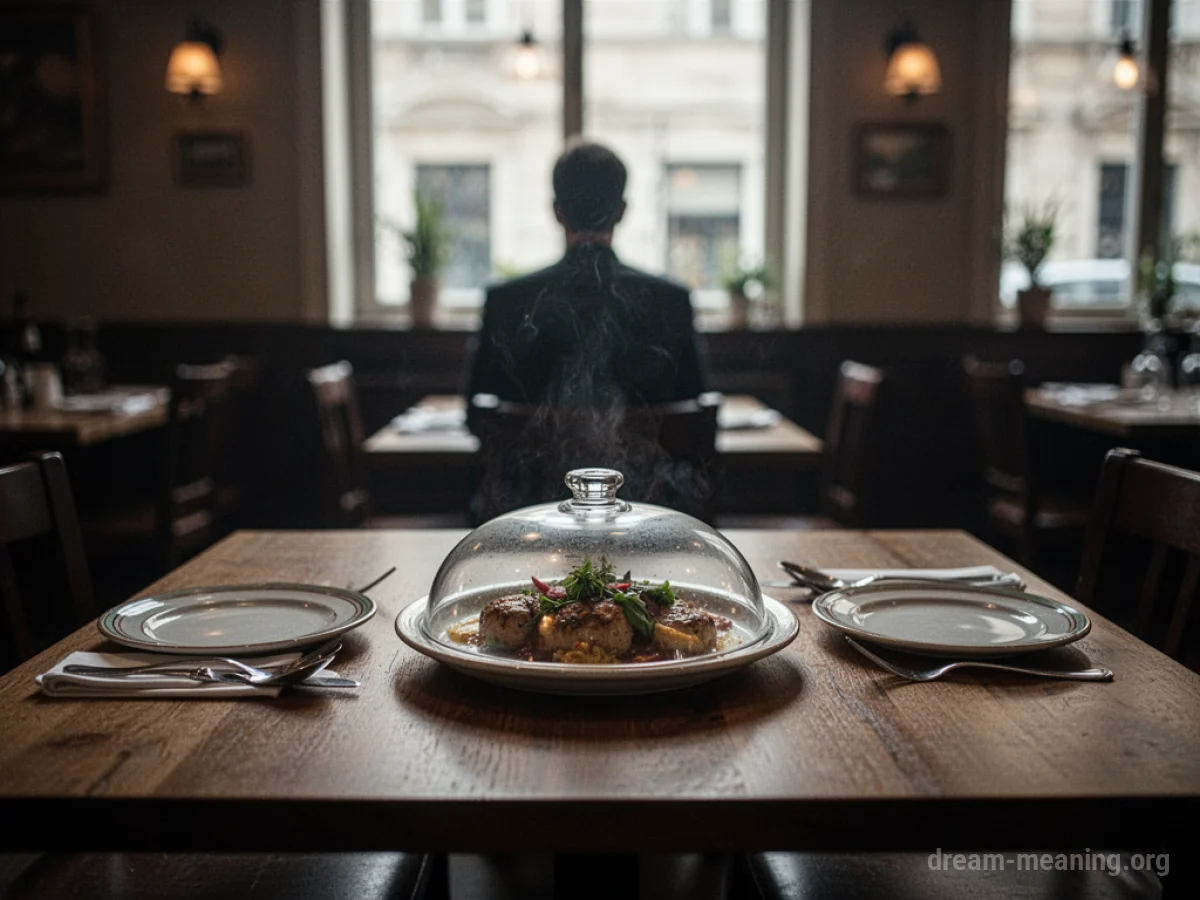 An empty restaurant table with a covered dish and a distant silhouette.