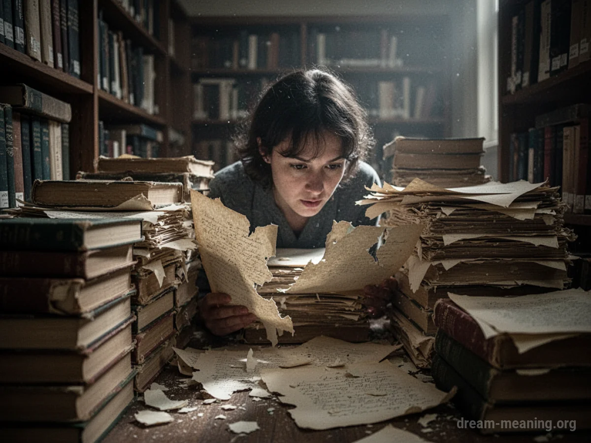 A person searches through disorganized papers in a library.