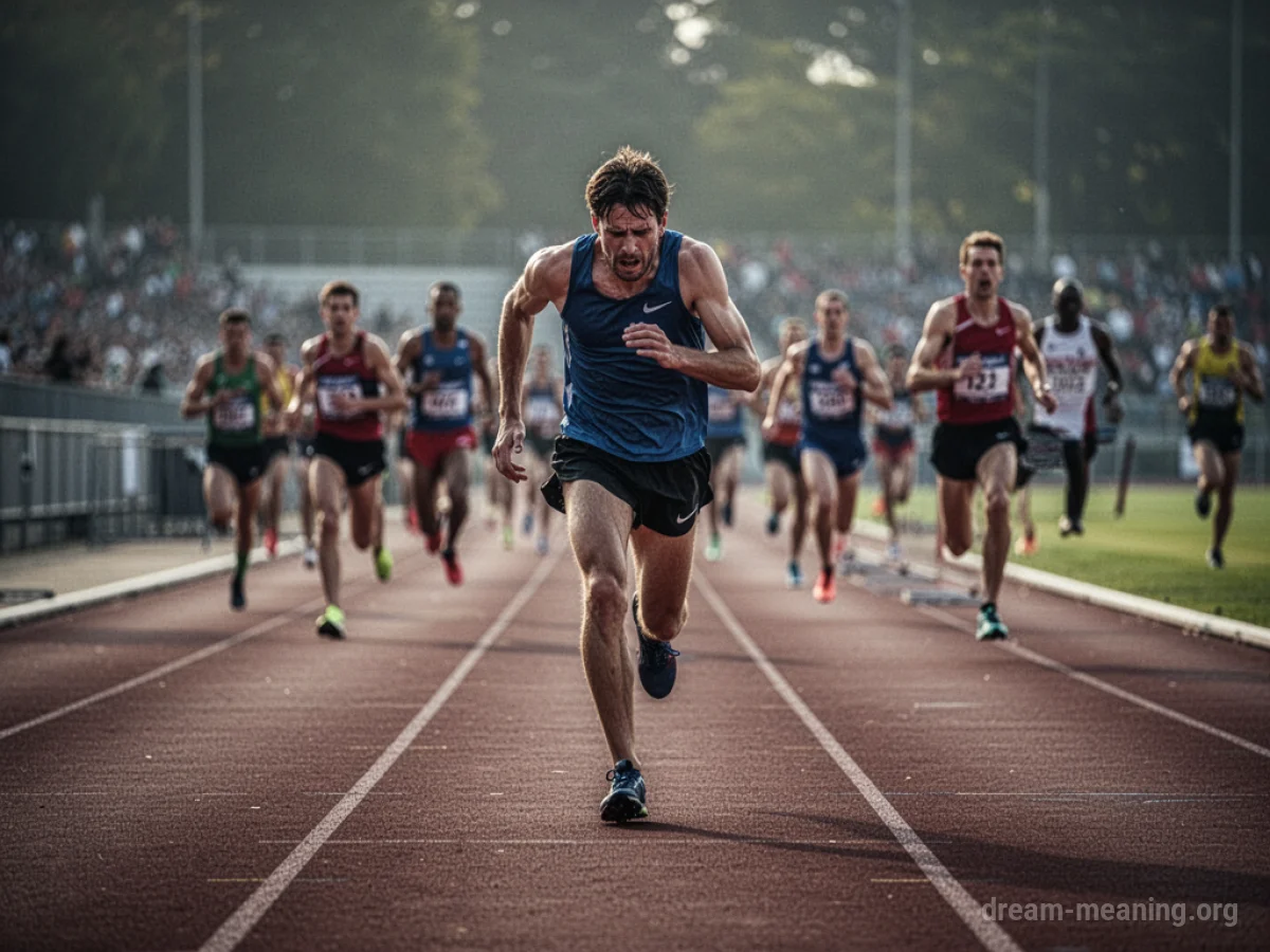 A runner lagging far behind on a race track.