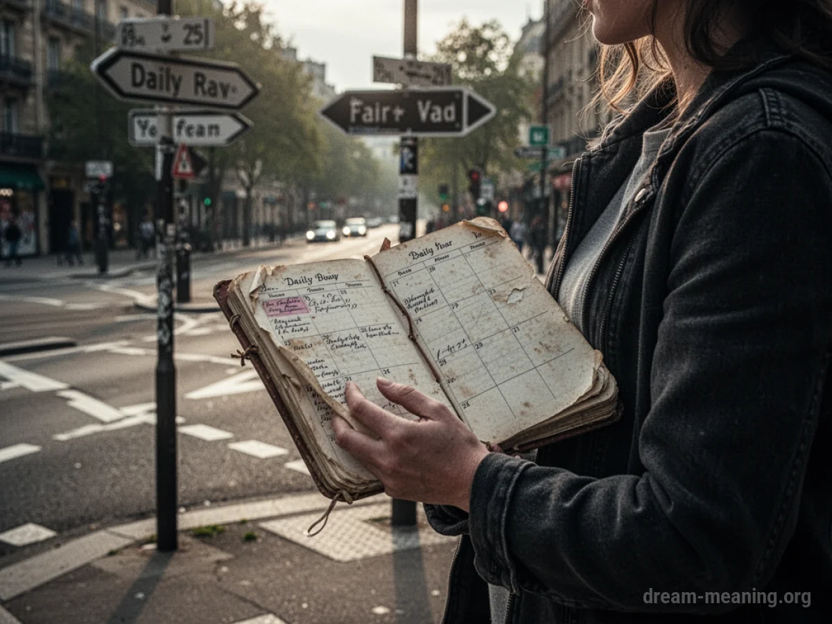 A person stands at a fork in the road, looking at a ripped paper schedule.