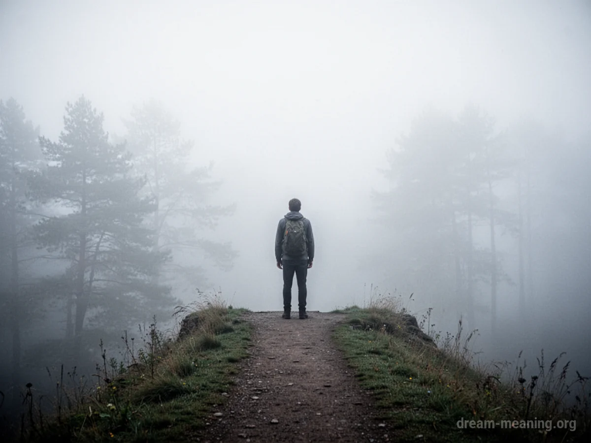 A solitary figure at a dead end path veiled in mist.