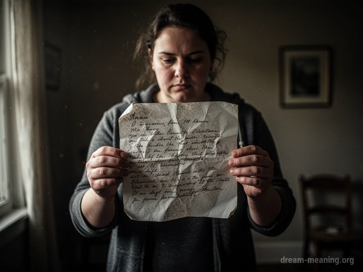 A person looking at a crumpled piece of paper in a dimly lit room.