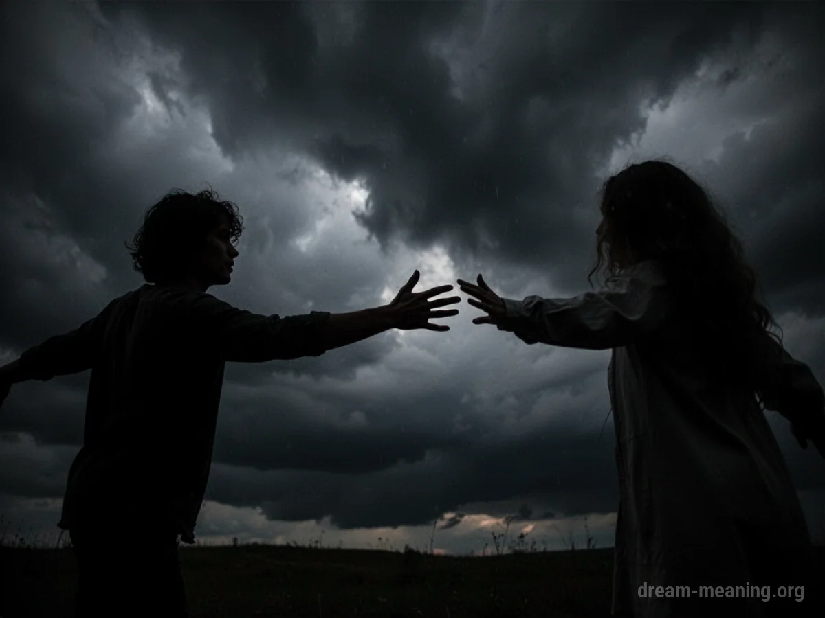 A silhouette figure reaching towards another distant silhouette figure against a dark sky.