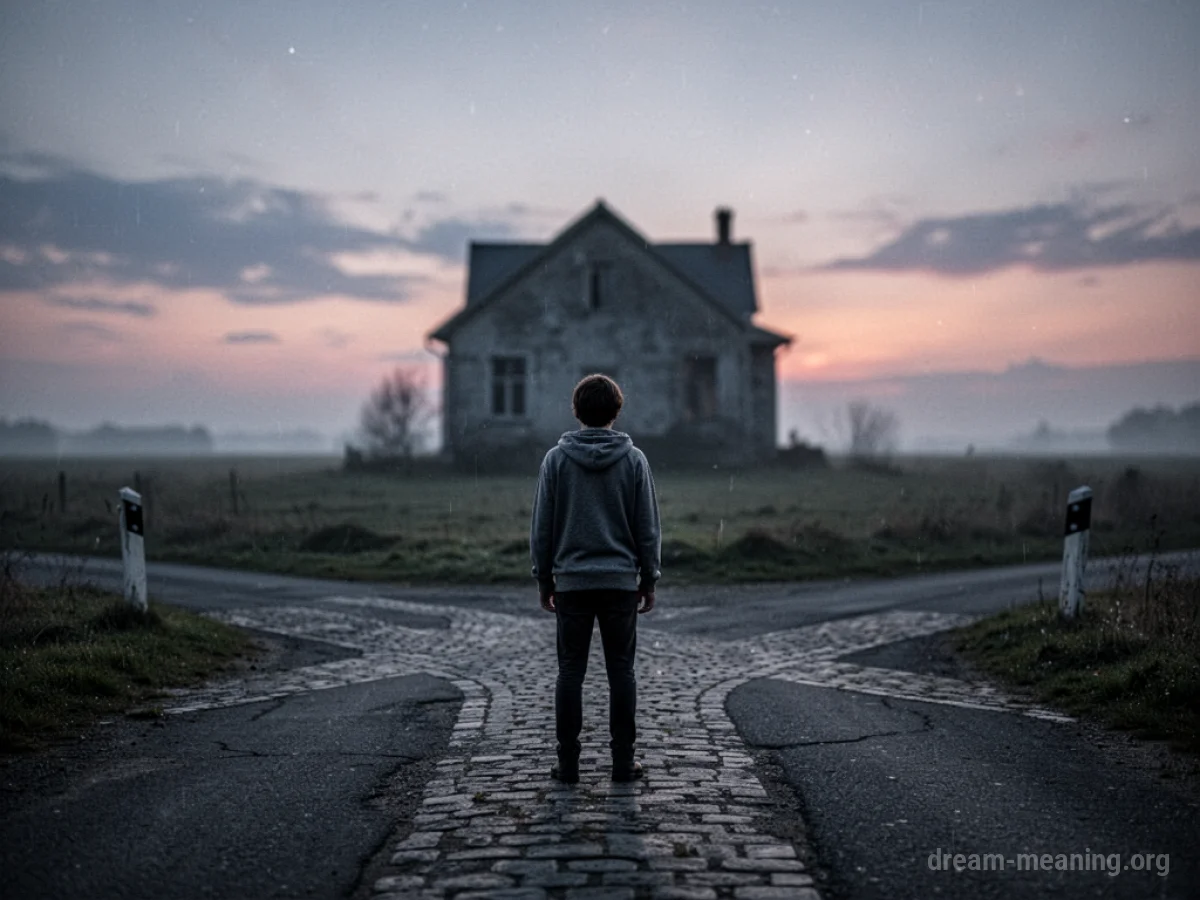A person stands at a fork in the road, looking towards a faint outline of a house.