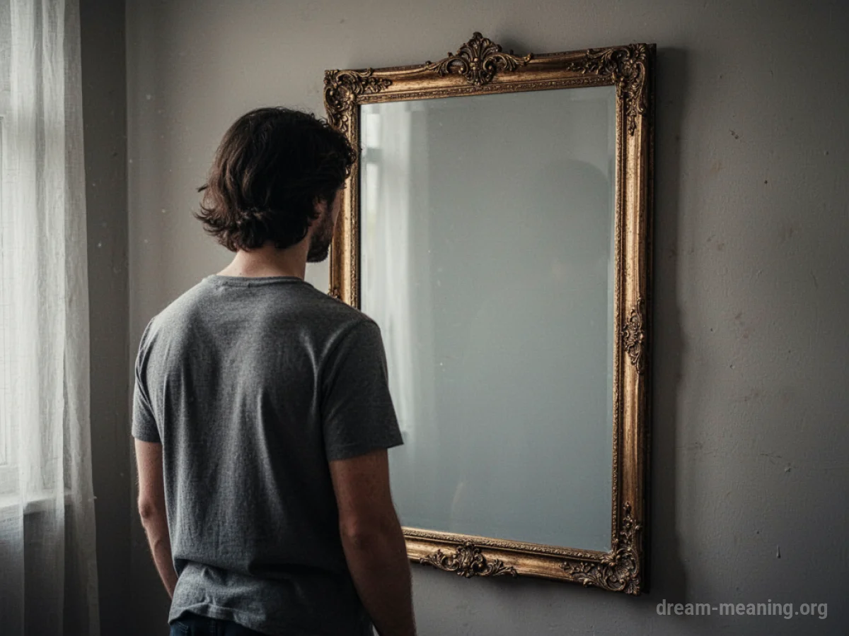 A person looking into a mirror with no reflection visible.