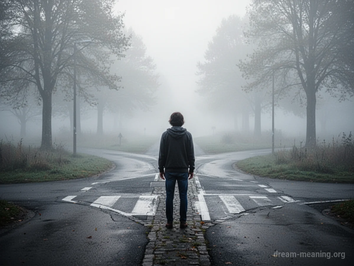 A person standing at a misty crossroads.