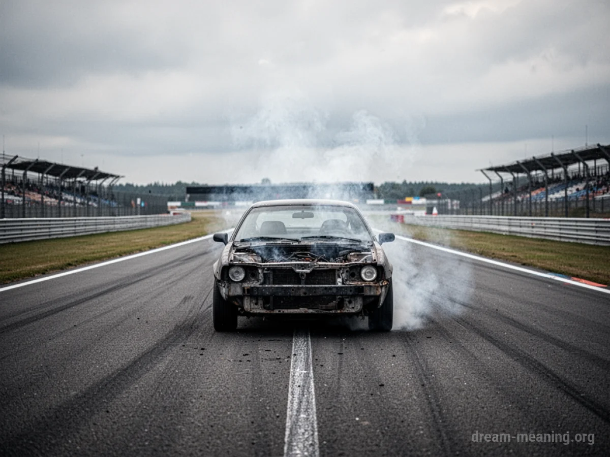 A stalled car on a race track with light smoke coming from the engine.