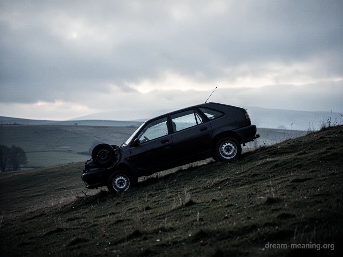 A silhouetted car resting on its side at the base of a hill.