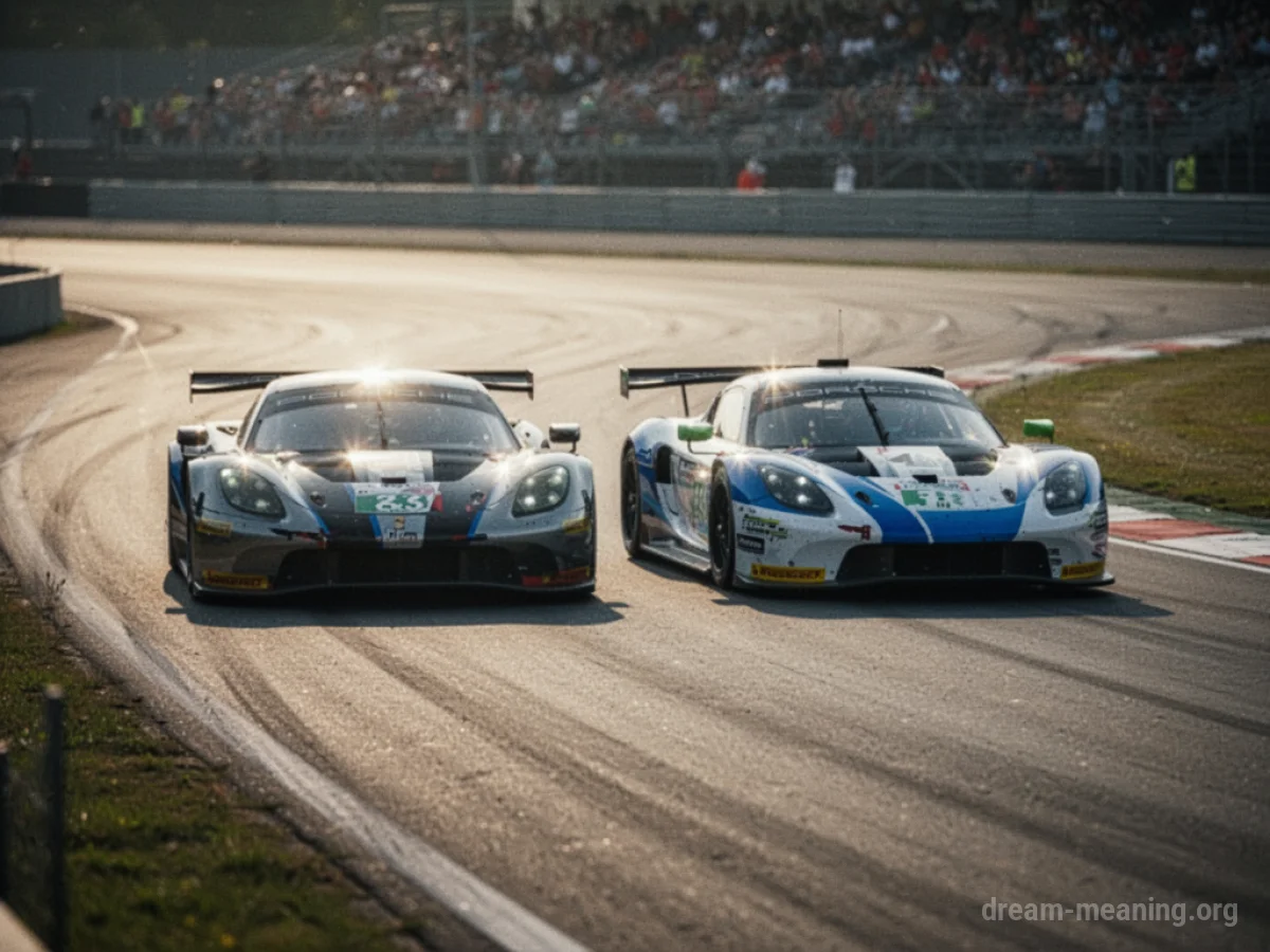 Two stylized race cars driving closely on a track.