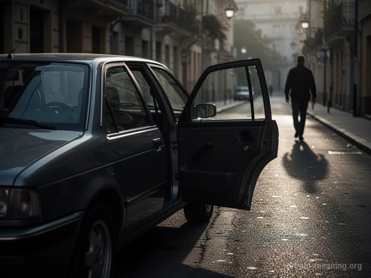 A car parked on a dark street with its door open and a distant figure walking away.