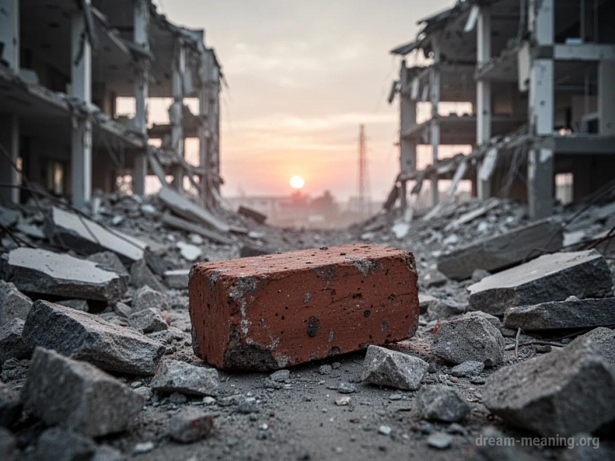 A lone brick resting on a pile of debris from a destroyed building.